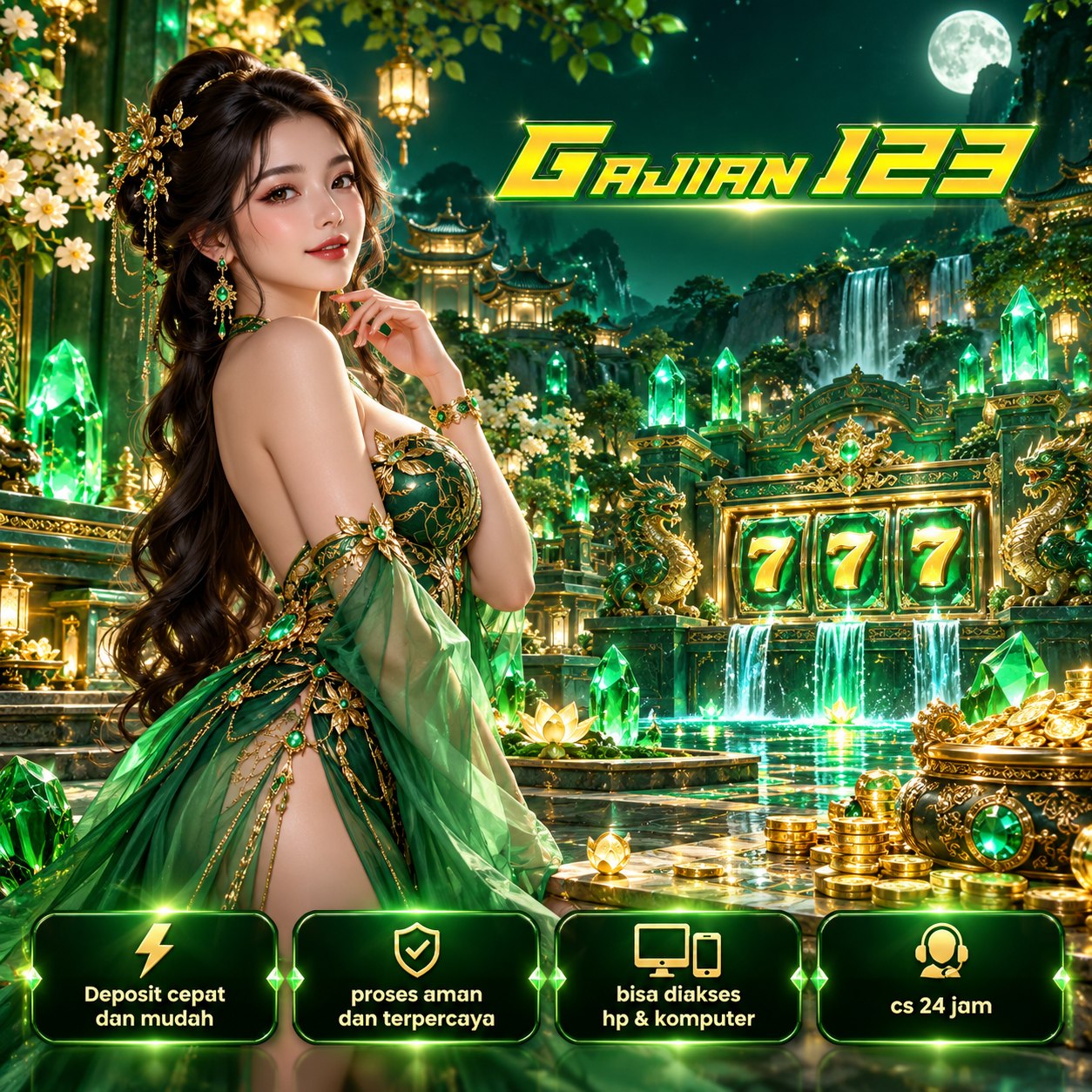Poster GAJIAN123 dengan tokoh berbusana emas, kipas, dan ilustrasi game pada ponsel