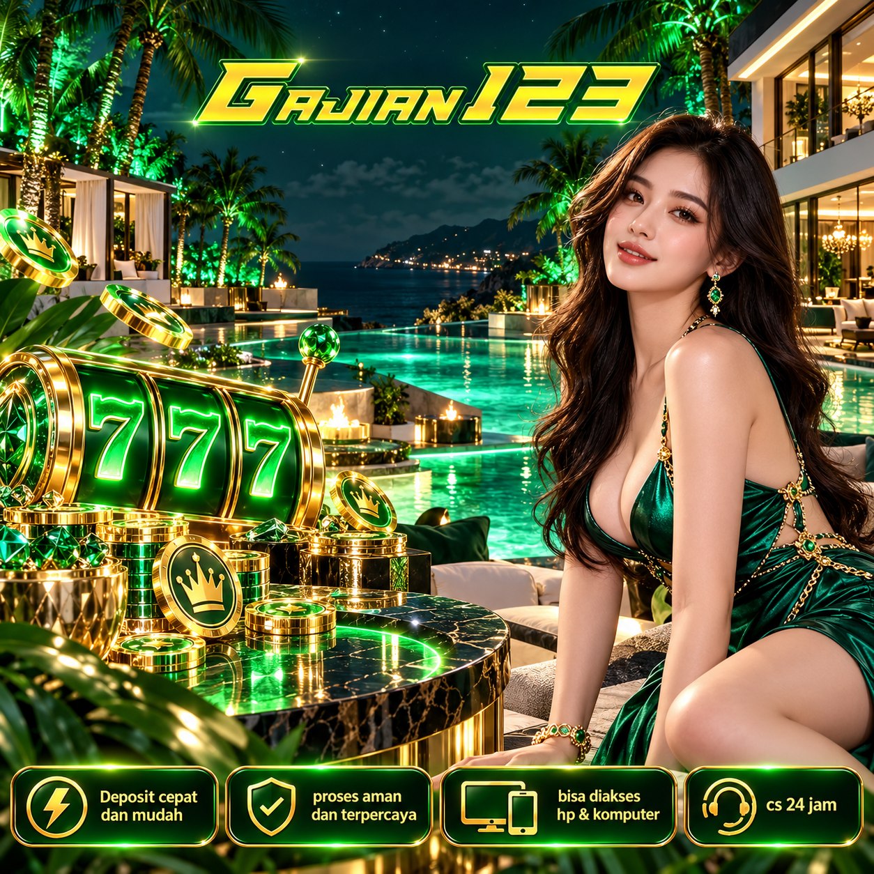 Poster GAJIAN123 dengan tokoh berambut abu-abu, layar game, dan efek petir